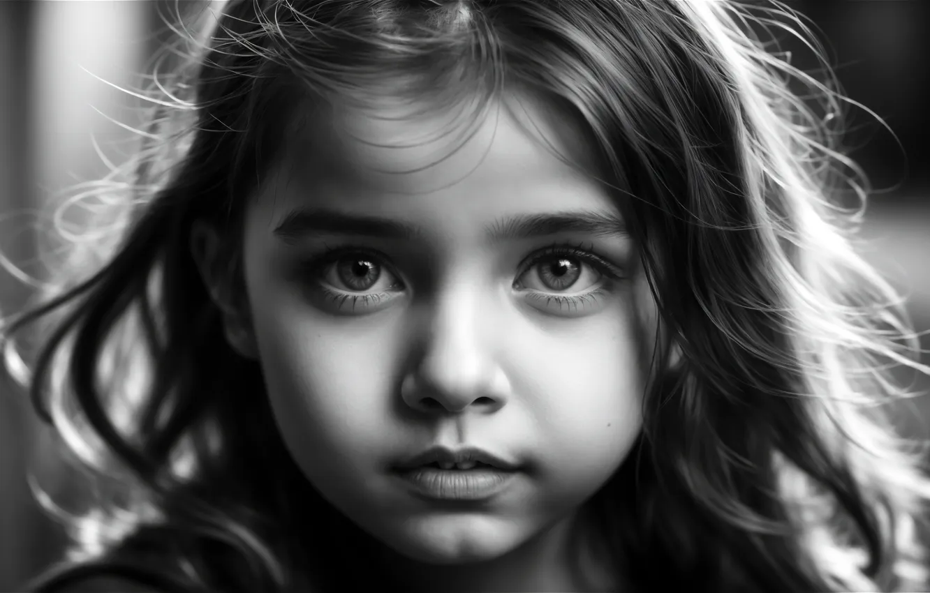 Фото обои Monochrome, Cute, Cute Girl, Portrait, Closeup, AI art
