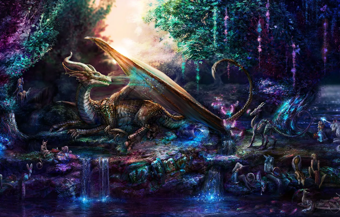 Фото обои дракон, мистика, эльфы, чудеса, сказочный лес, фавн