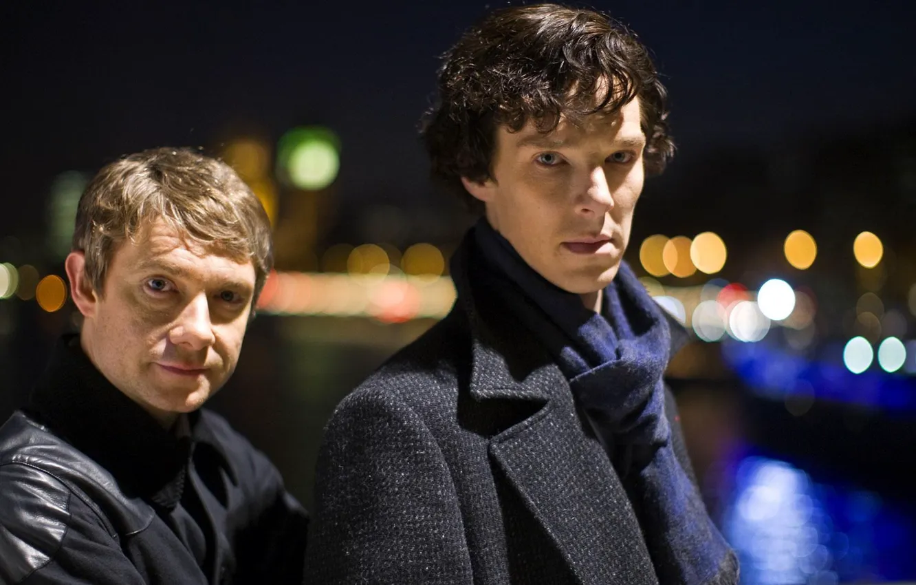 Фото обои ночь, фон, Мартин Фримен, Бенедикт Камбербэтч, Benedict Cumberbatch, Sherlock, Sherlock BBC, Sherlock Holmes