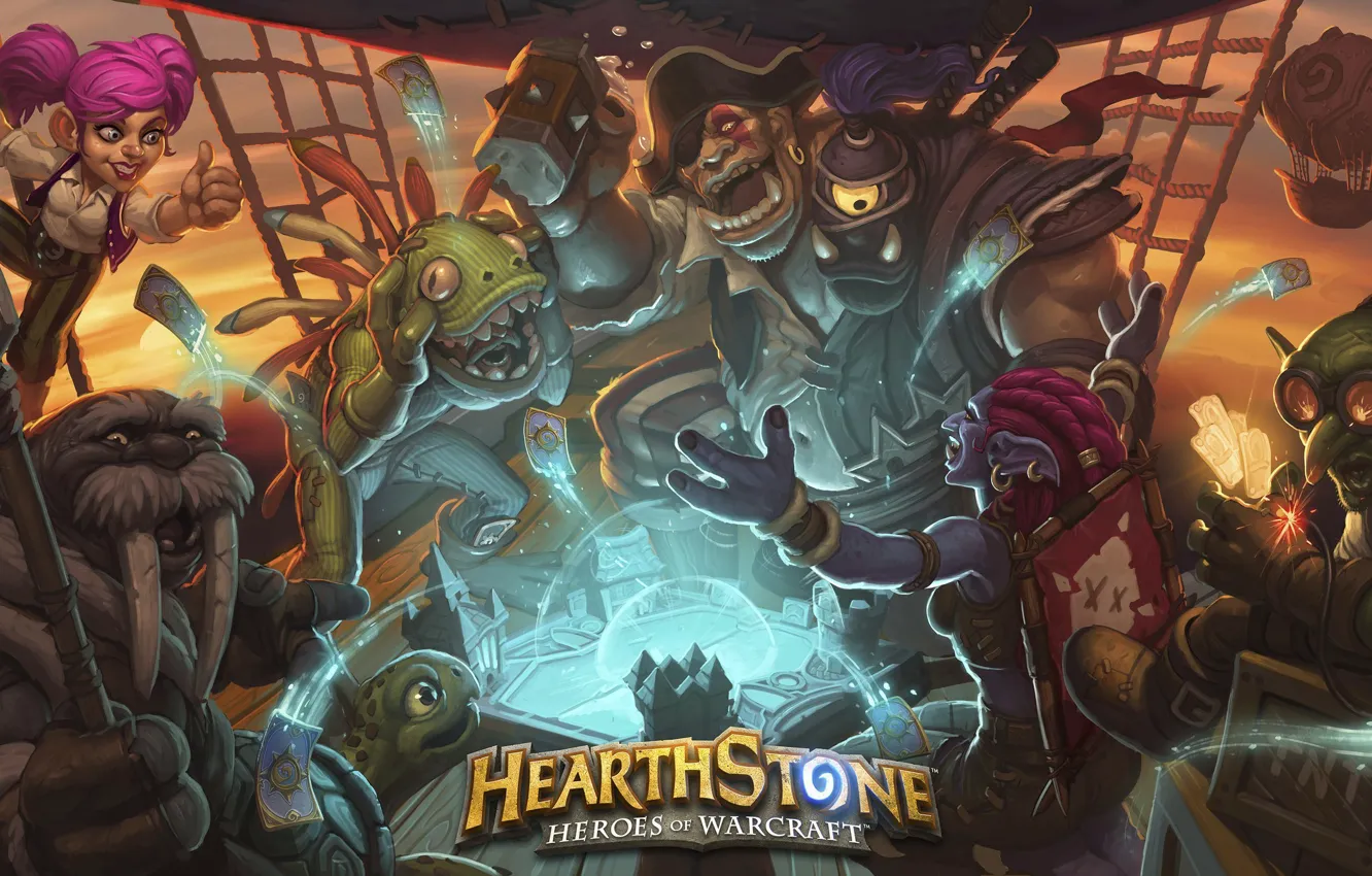 Фото обои закат, дирижабль, Hearthstone, Heroes of Warcraft