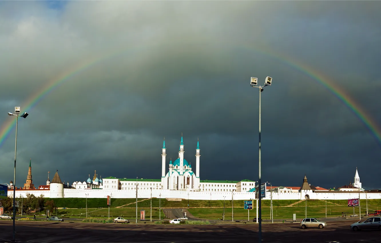Фото обои облака, радуга, мечеть, Казань, Татарстан, Кул-Шариф, казанский кремль