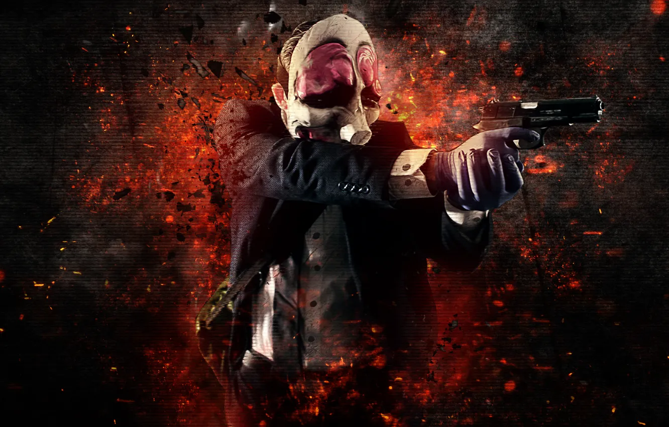 Фото обои Gun, Background, Weapon, Money, Mask, Payday: The Heist, Video Game, Overkill Software