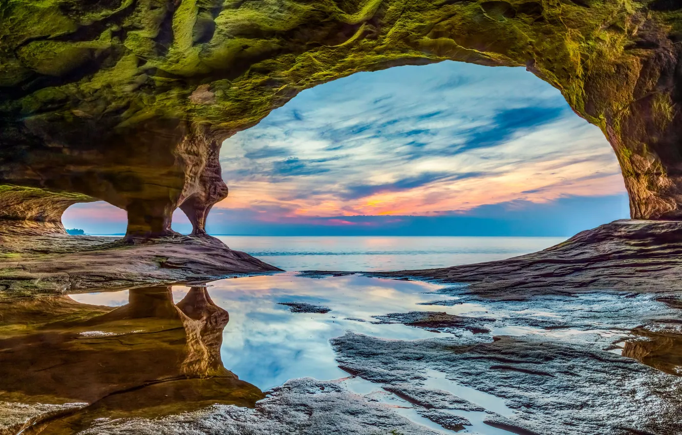 Фото обои скала, Мичиган, арка, США, грот, озеро Верхнее, Пикчерд Рокс Нешнел Лейкшор