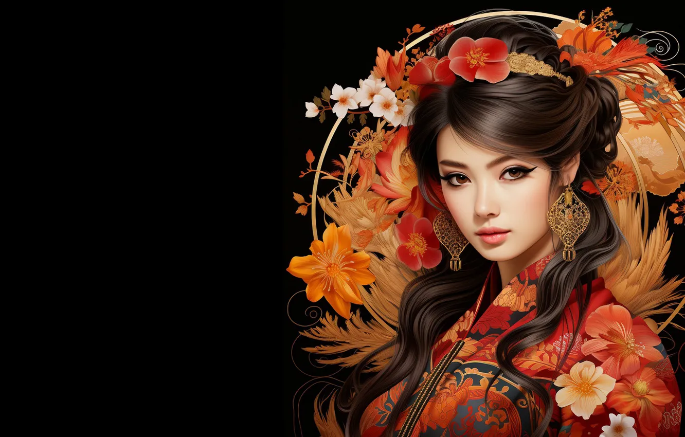 Фото обои girl, flowers, asian, ai art