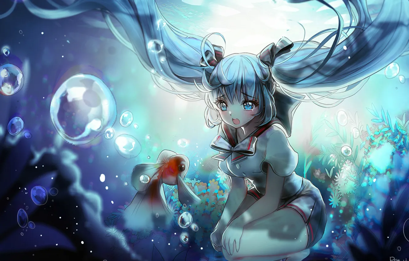 Фото обои пузыри, рыбка, vocaloid, подводный мир, Hatsune Miku, длинные волосы, слёзы, art