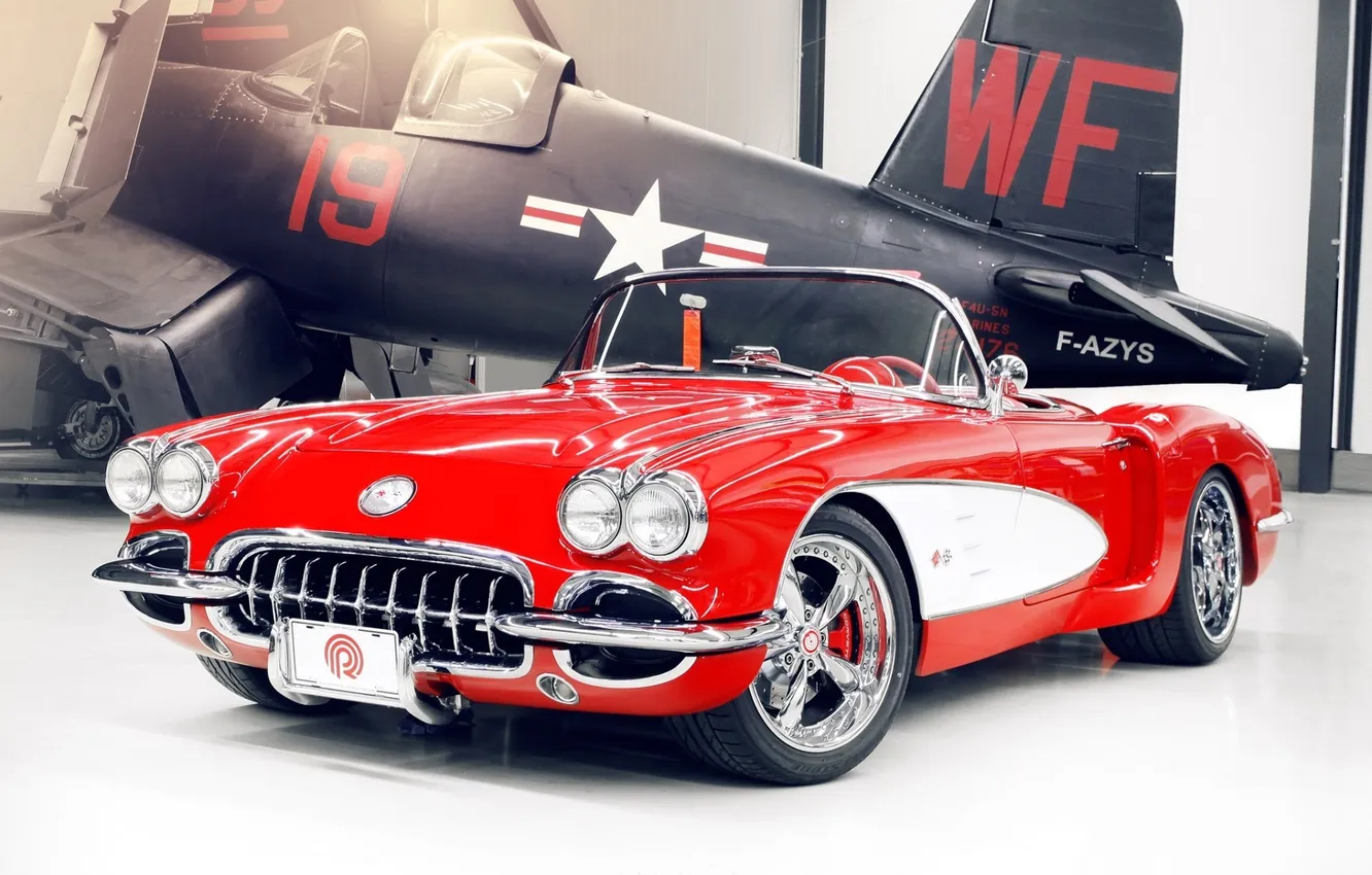 Фото обои красный, тюнинг, хвост, corvette, самолёт, шевроле, диски, классика