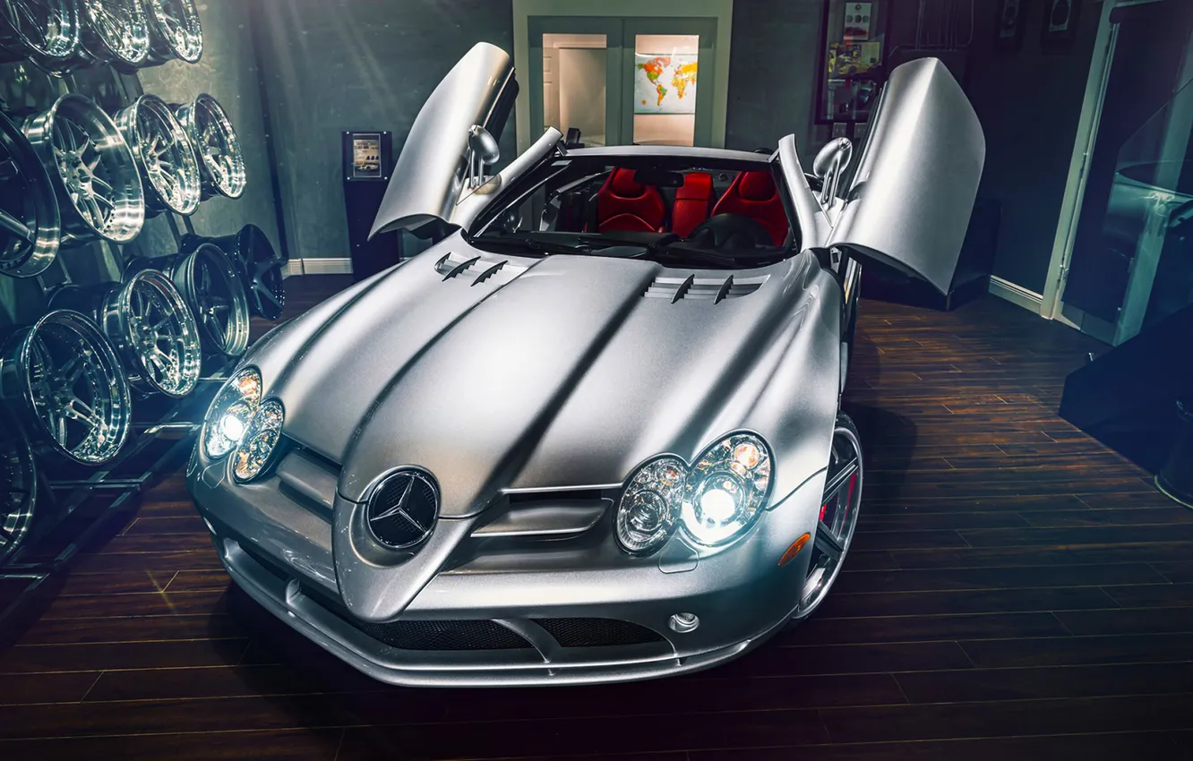 Фото обои Mercedes-Benz, SLR, Front, AMG, Tuning, Supercar, Silver, Wheels