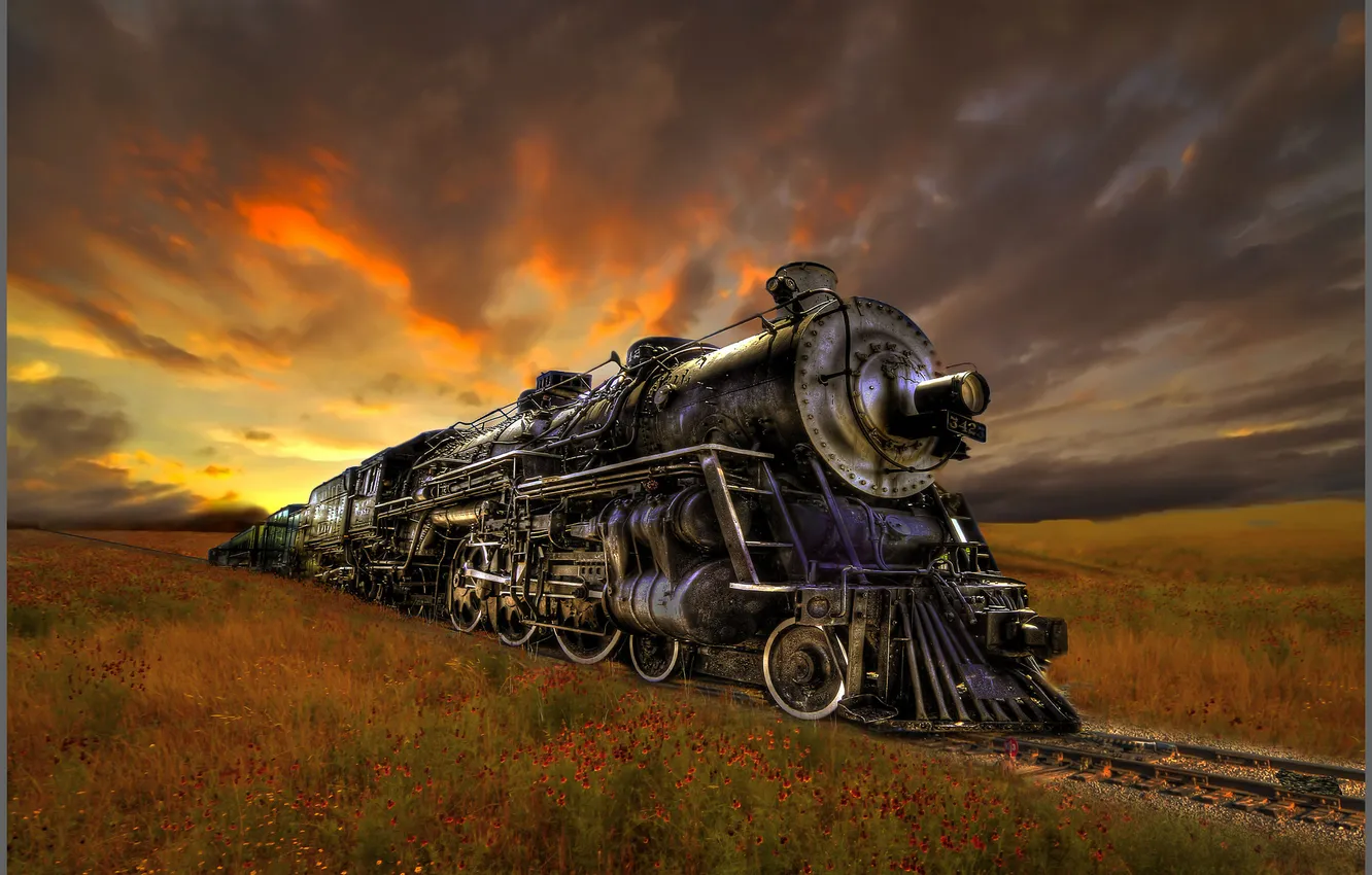 Фото обои закат, рельсы, поезд, паровоз, состав, луга