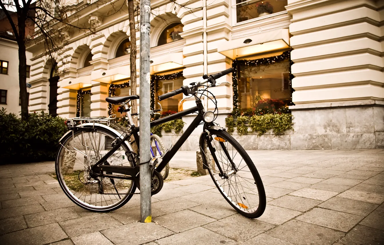 Фото обои велосипед, улица, тротуар, street, витрины, Bicycle