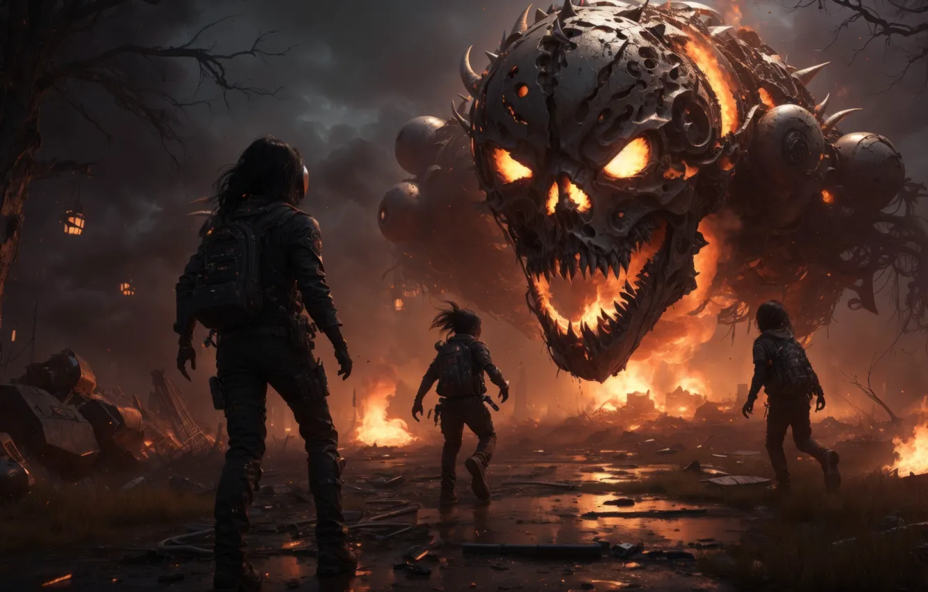 Фото обои widescreen, military, skulls, gothic, people, children, surrealism, neural network
