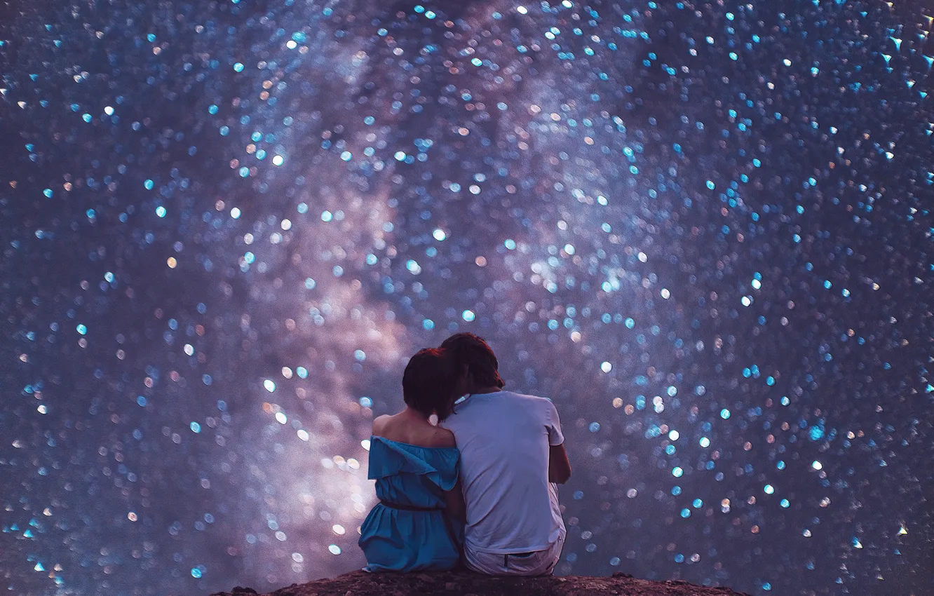 Фото обои небо, девушка, звёзды, парень, влюблённые, звёздное небо, Кристина Макеева