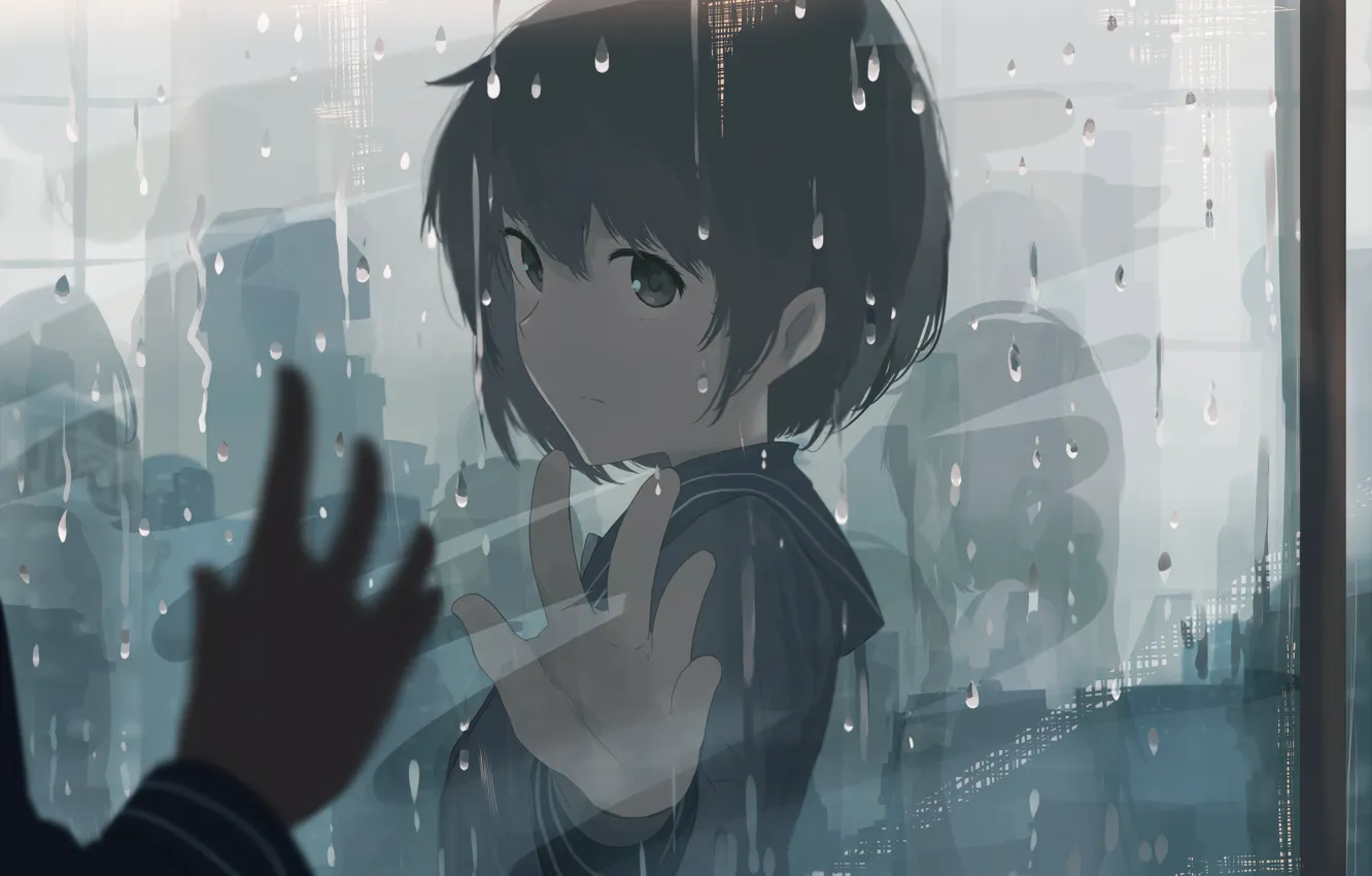 Фото обои rain, blue, eyes, anime, art, mifuru