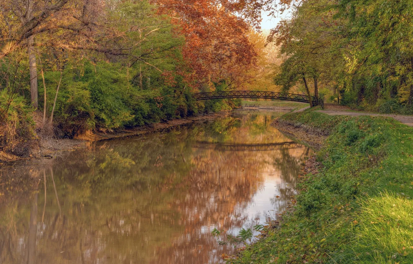 Фото обои осень, пейзаж, мост, природа, река, красота