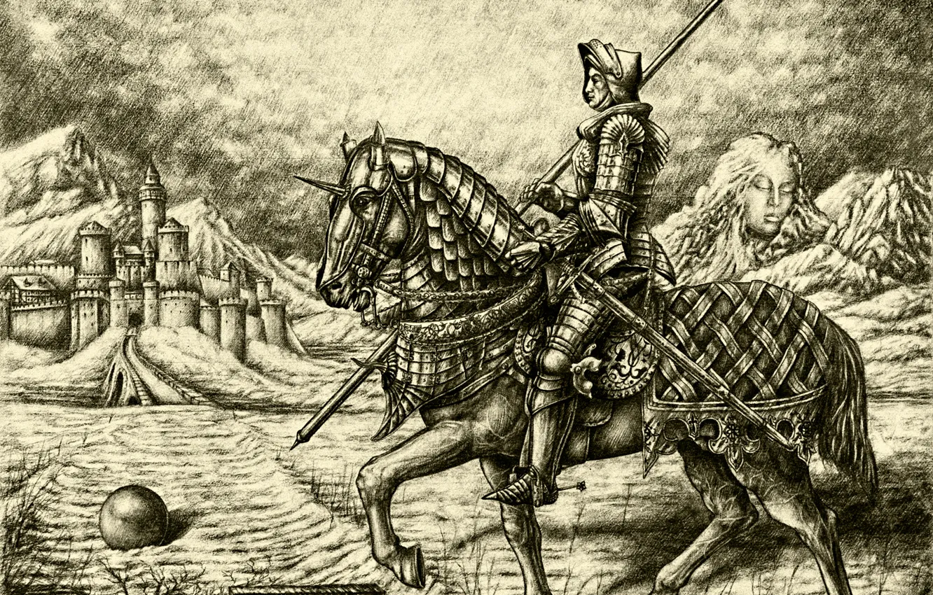 Фото обои конь, рисунок, графика, доспехи, всадник, крепость, средневековье, Рыцарь