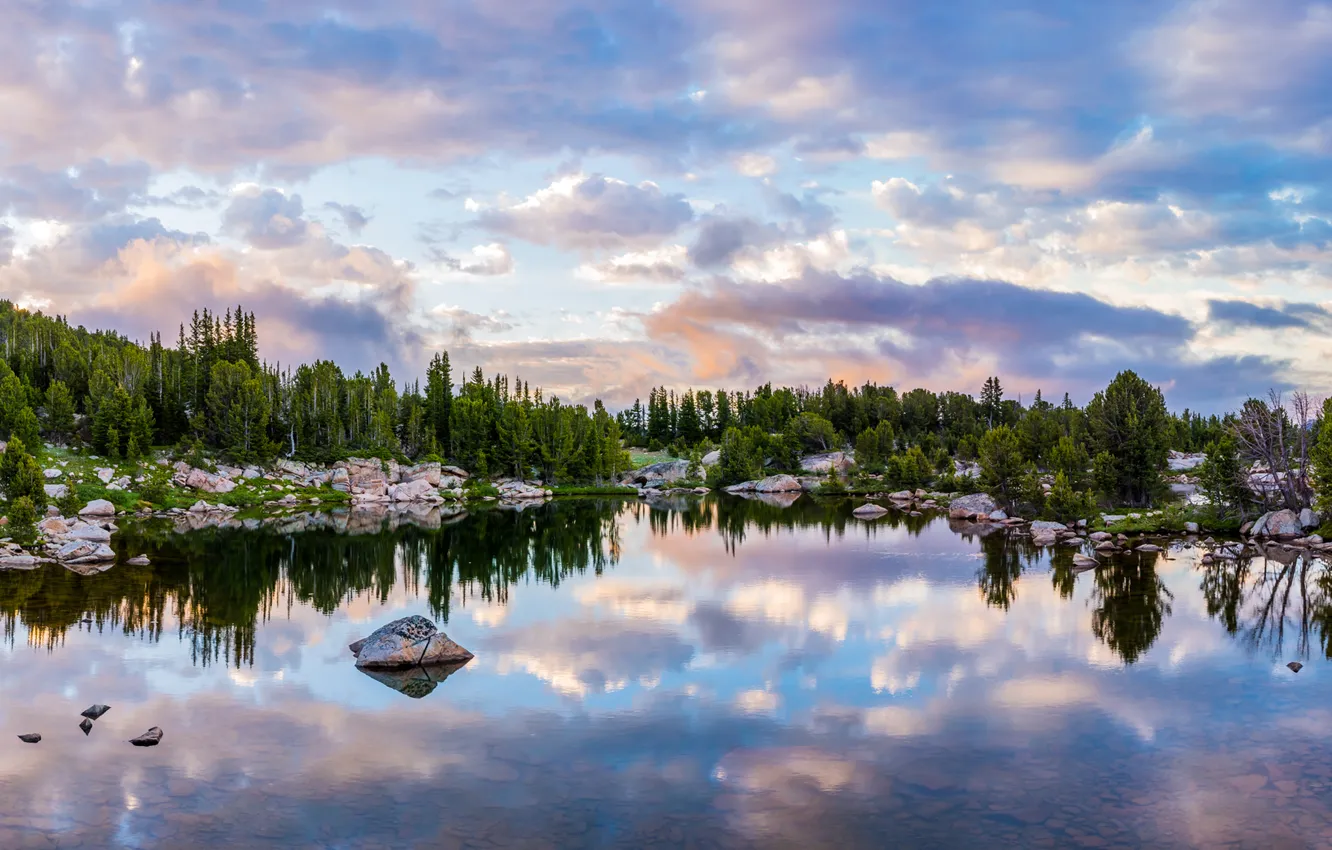 Фото обои лес, небо, вода, облака, деревья, озеро, отражение, камни