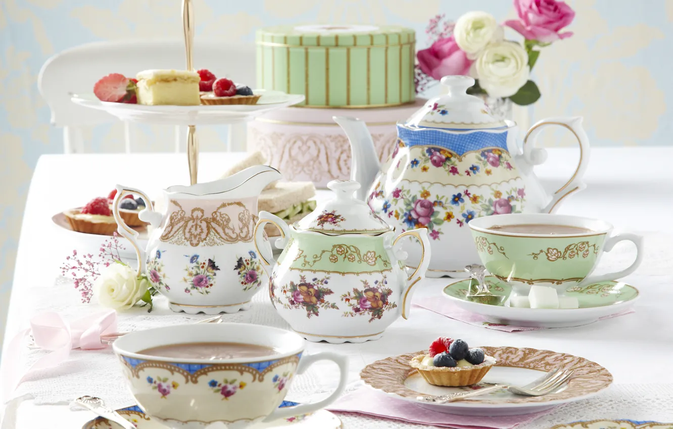 Фото обои цветы, чай, пирожные, традиция, afternoon tea, послеобеденный чай