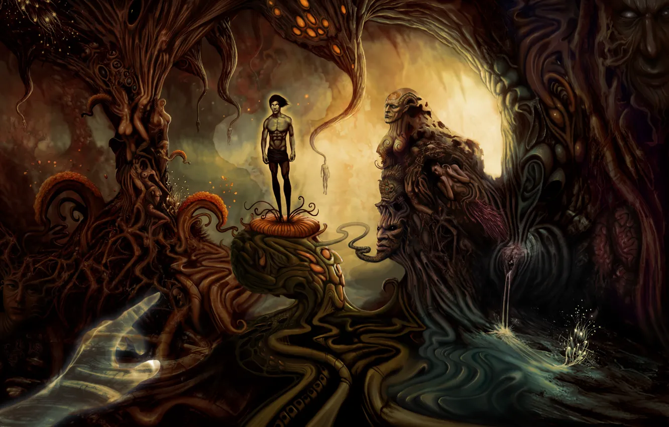 Фото обои сюрреализм, человек, руки, арт, монстры, существа, пещера