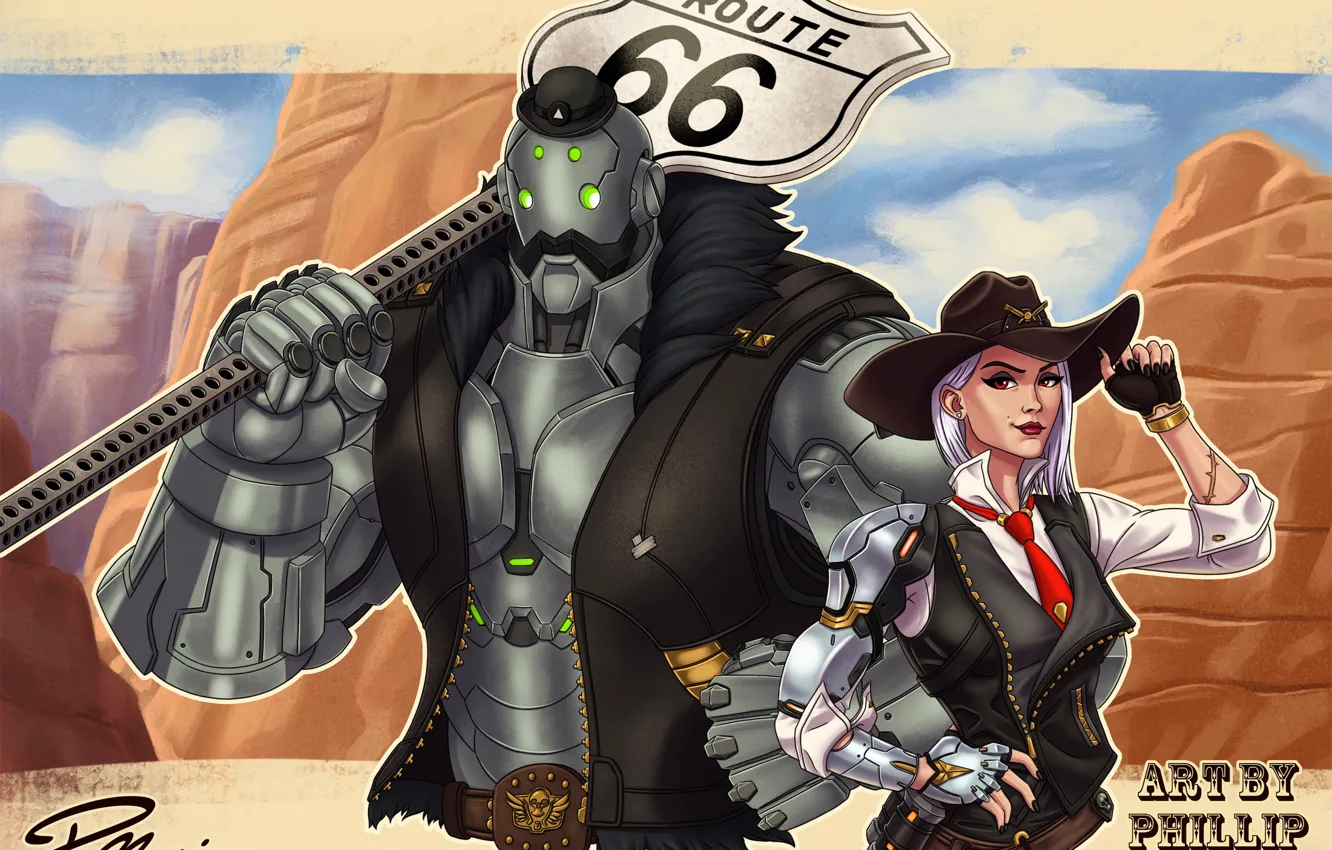Фото обои робот, шляпа, арт, дорожный знак, ashe, bob, overwatch, Elizabeth Caledonia