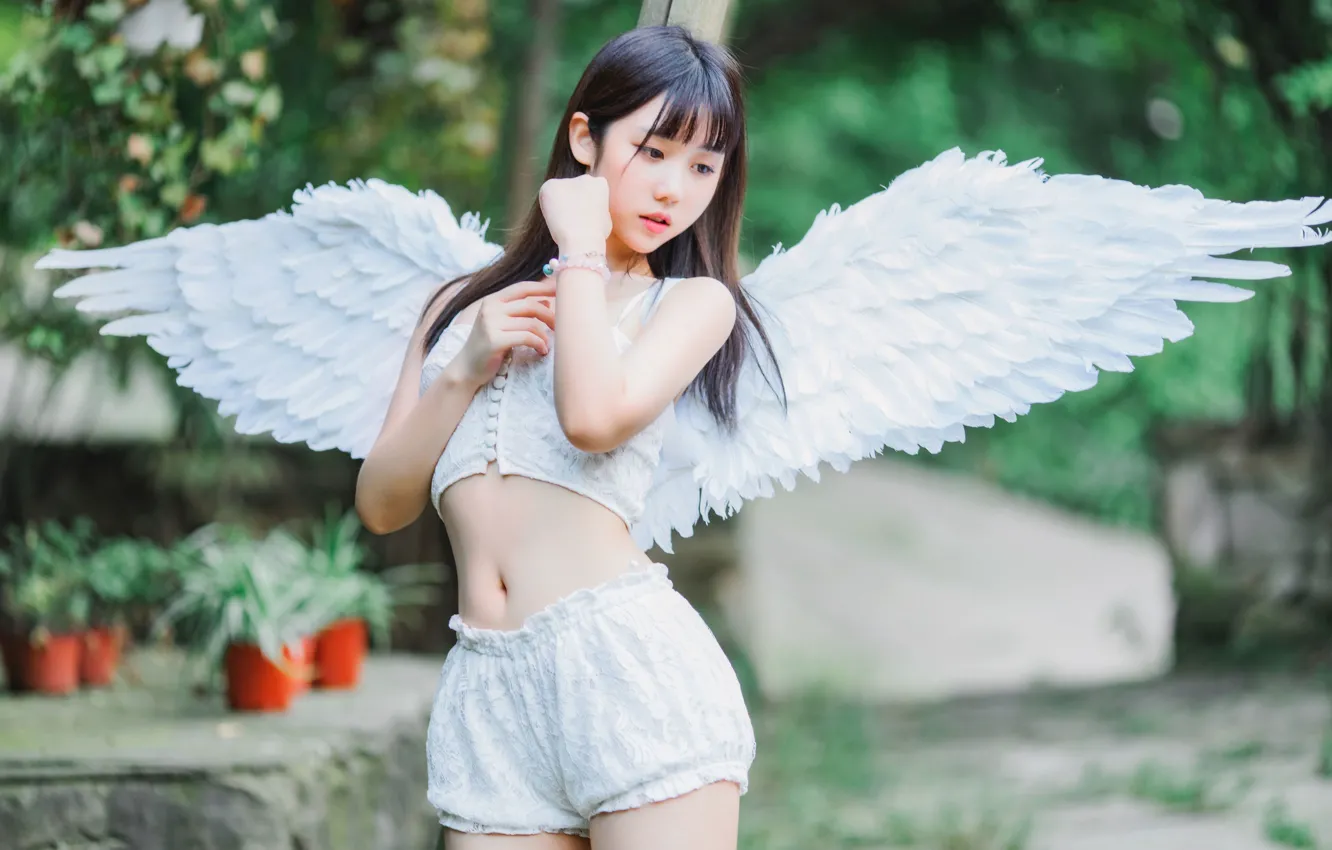Фото обои Beautiful, Asian, Model, Angel, Woman, Pretty, Wings, Outdoor