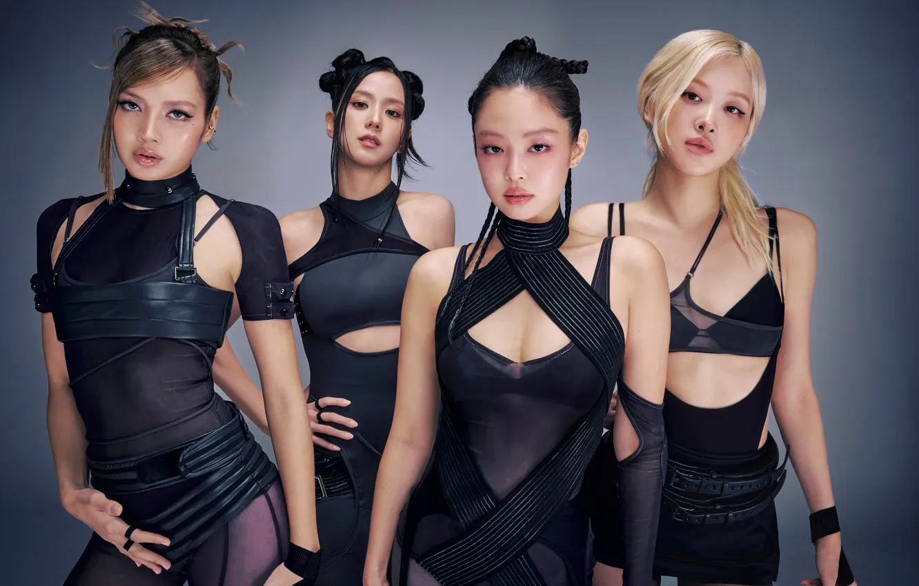 Фото обои музыка, фон, портрет, группа, в черном, Blackpink, девушки, азиатки