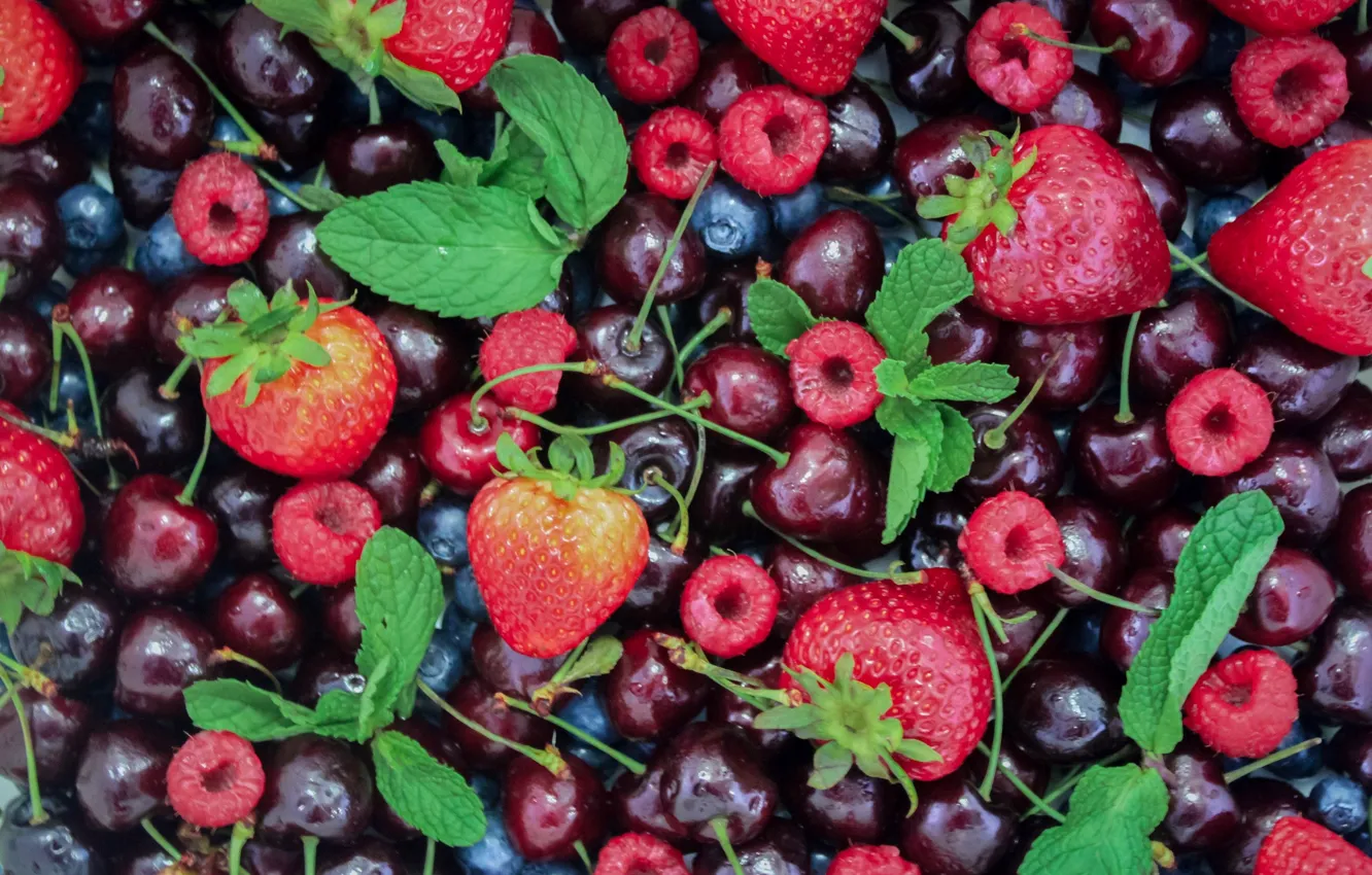 Фото обои ягоды, малина, клубника, фрукты, черешня, blueberries