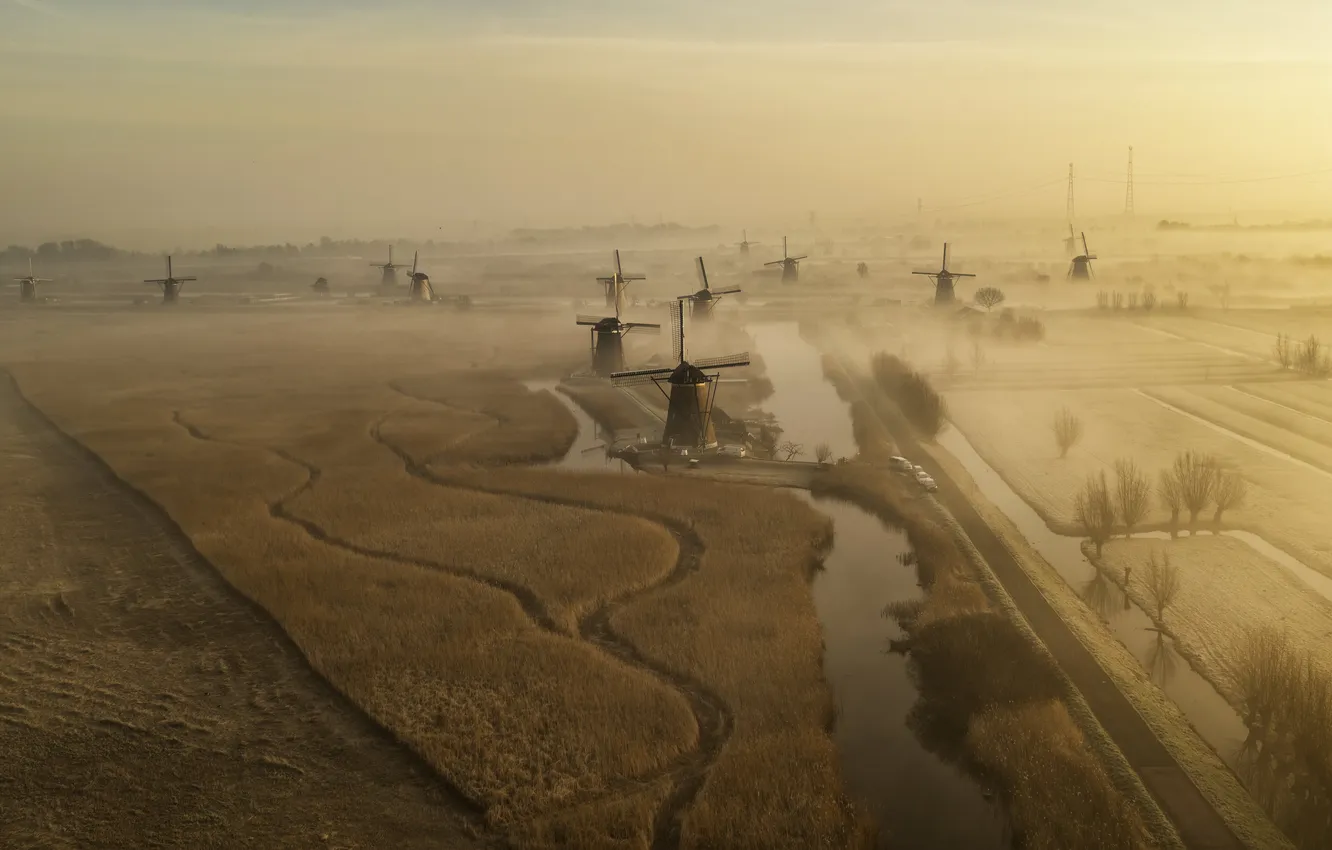 Фото обои Holland, Elshout, Kinderdijk windmills