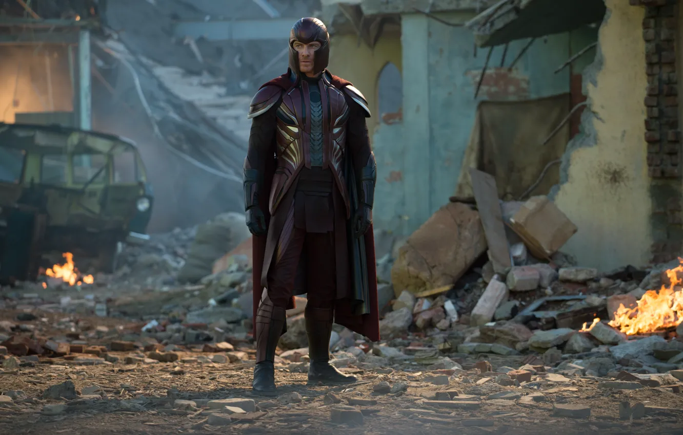 Фото обои фантастика, огонь, кадр, костюм, развалины, шлем, Magneto, Michael Fassbender