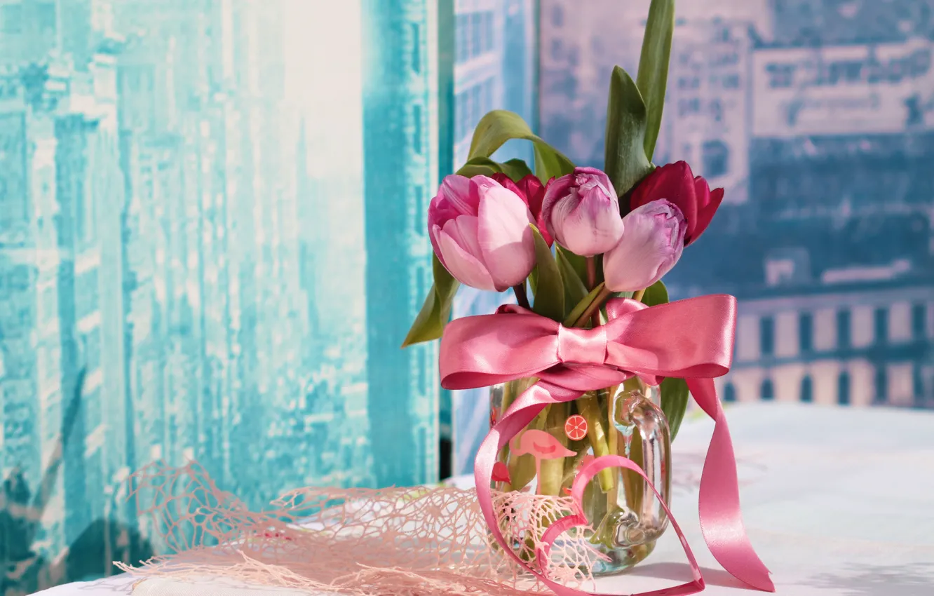 Фото обои цветы, букет, лента, тюльпаны, кувшин