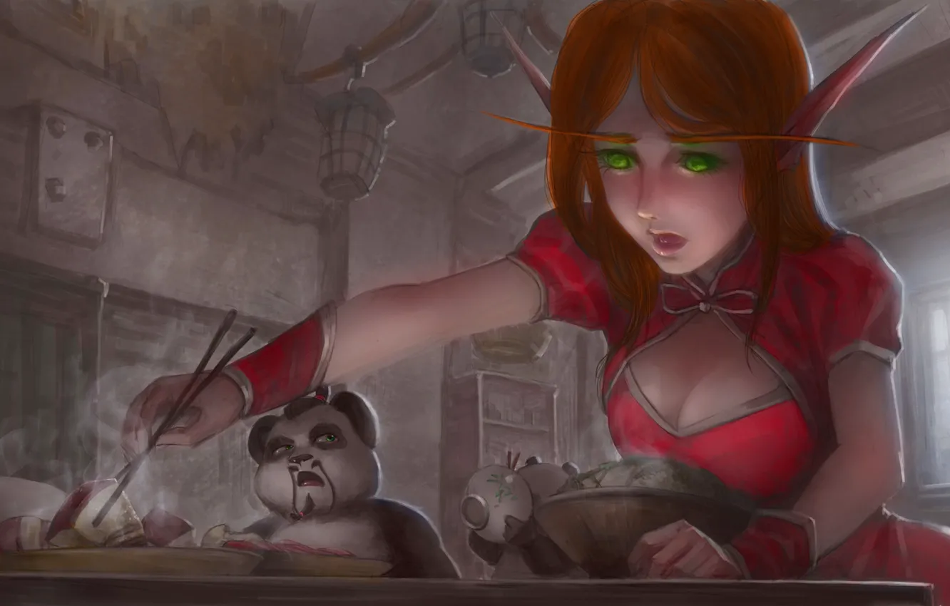 Фото обои арт, World of Warcraft, трапеза, эльфийка крови, пандарены