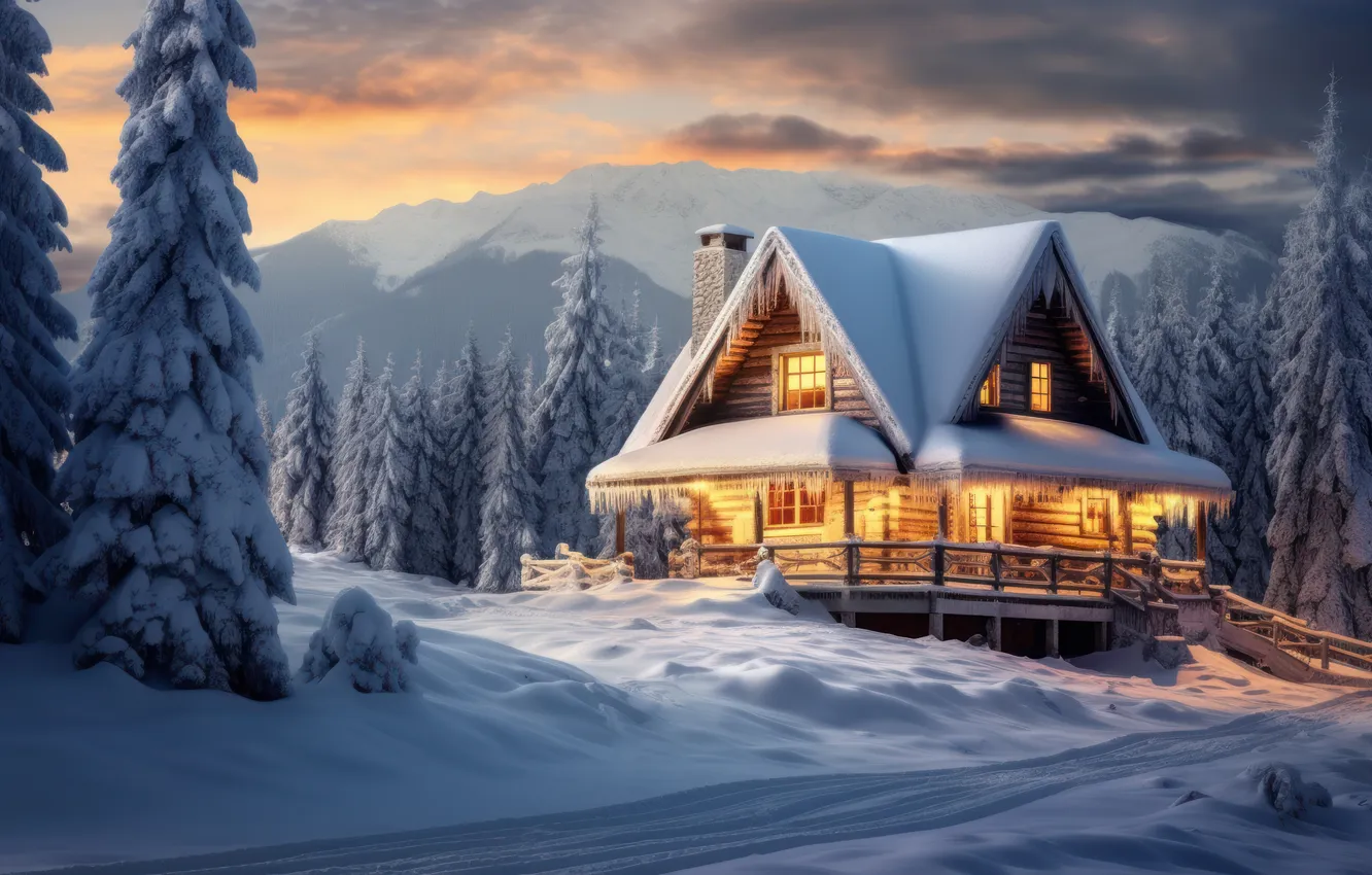 Фото обои зима, лес, снег, горы, ночь, природа, домик, house