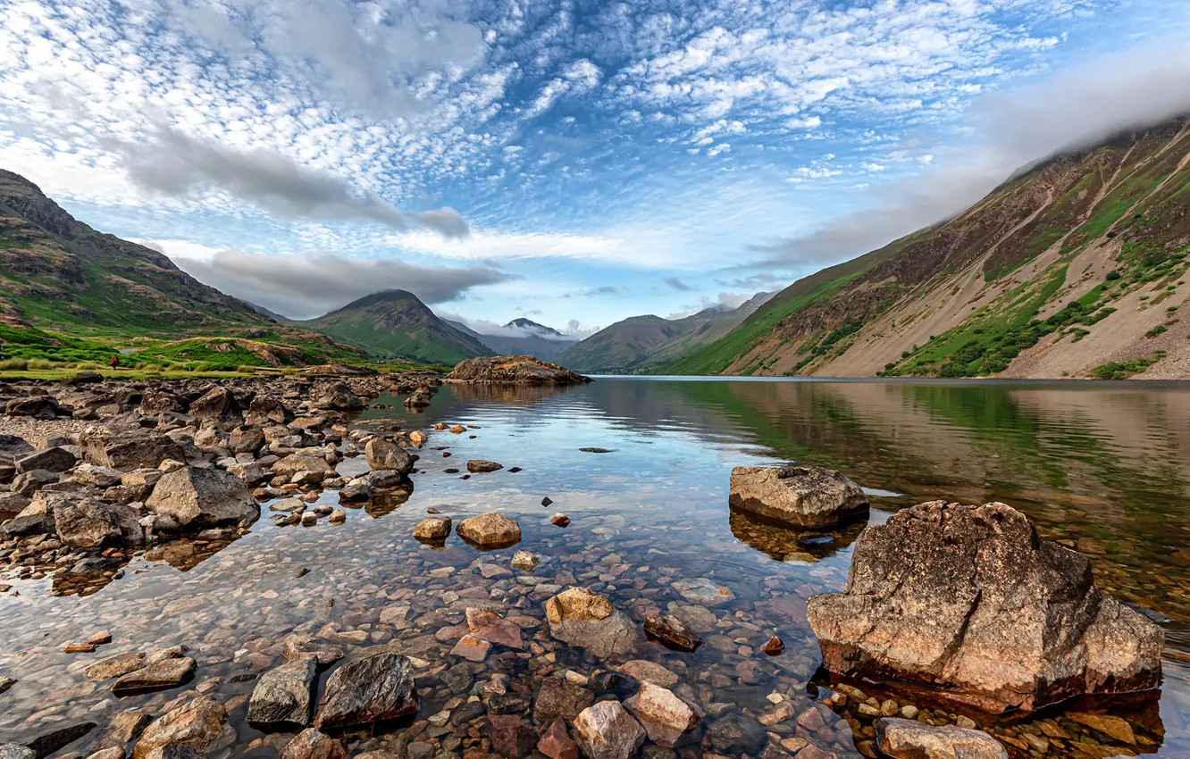 Фото обои небо, вода, горы, озеро, камни, Англия, England, Lake