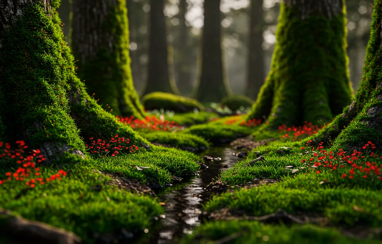 Фото обои деревья, ручей, обои, мох, арт, wallpaper, trees, art