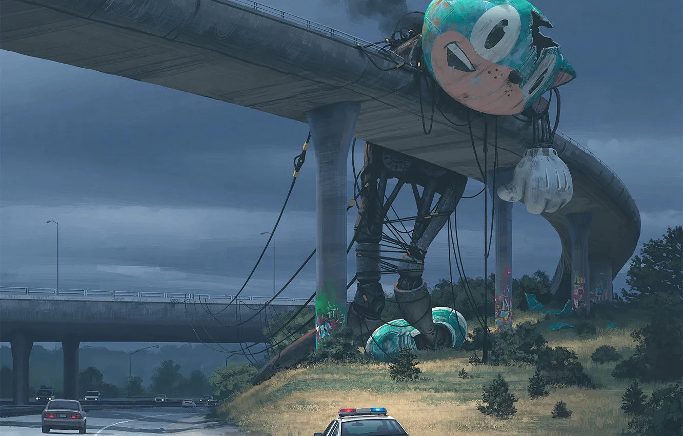 Фото обои мост, трасса, нечто, гигант, автомобили, the mascot