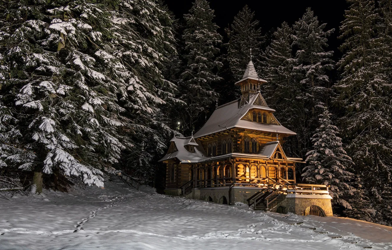 Фото обои зима, снег, ночь, дома