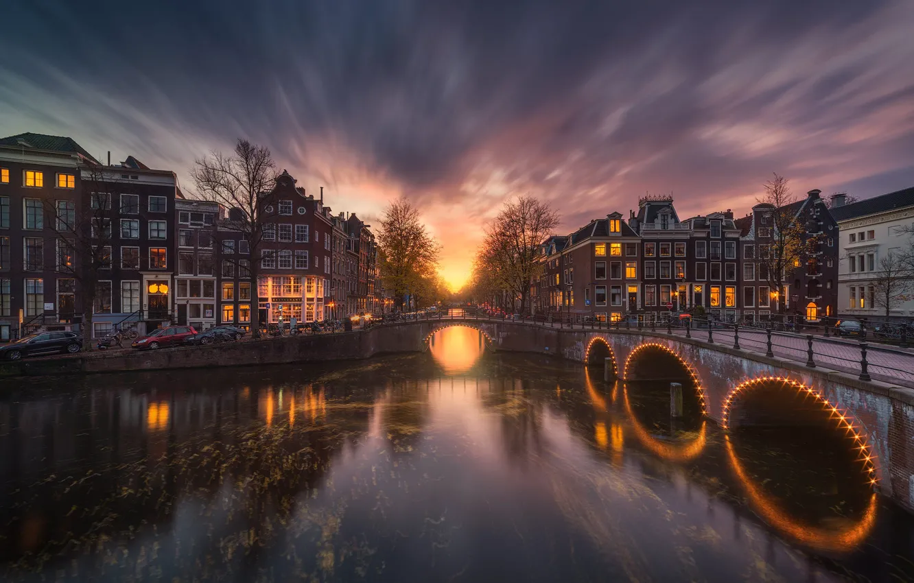 Фото обои мост, улица, вечер, Амстердам, канал, Amsterdam, Albert Dros