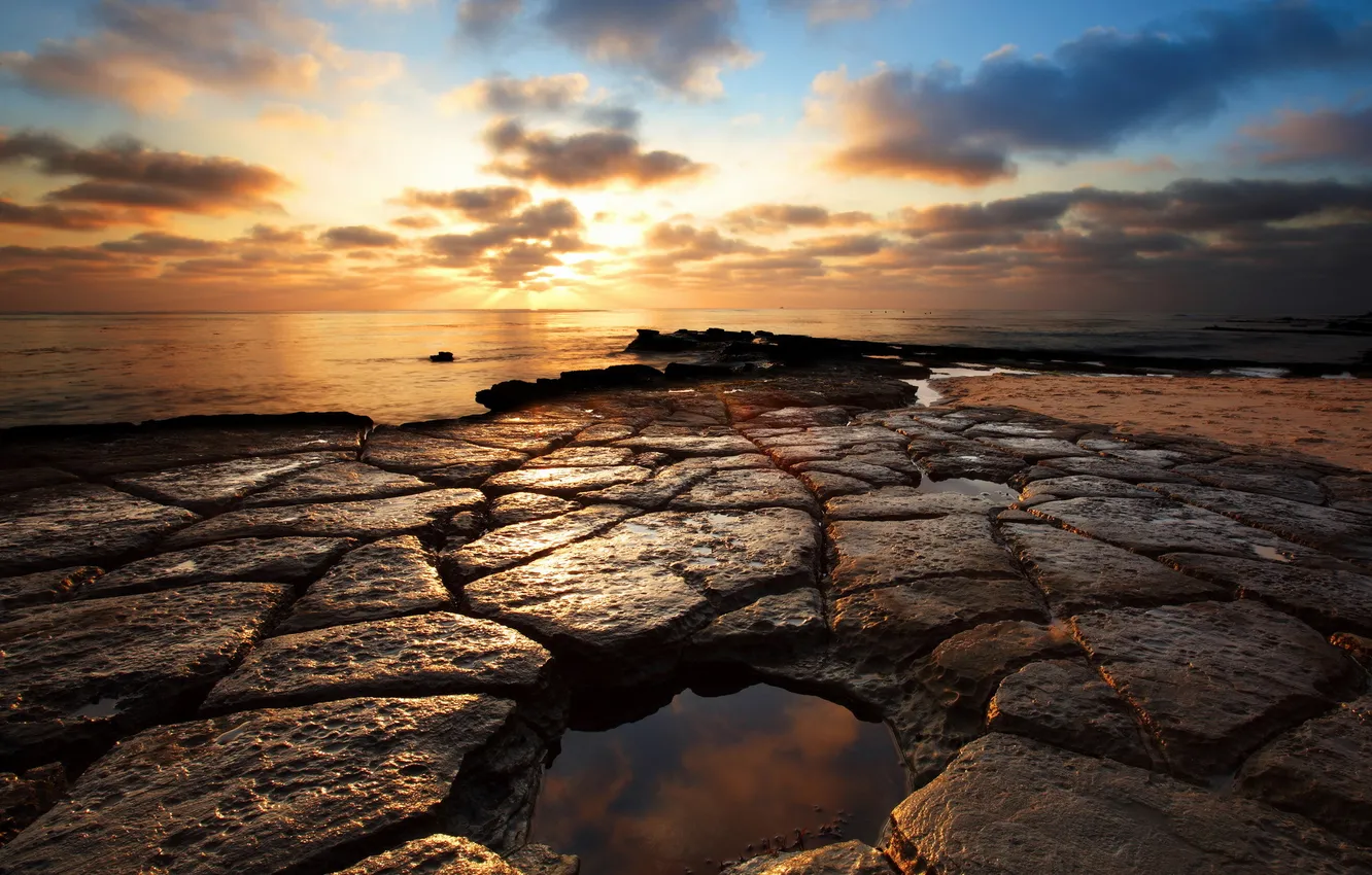 Фото обои море, пейзаж, закат, камни