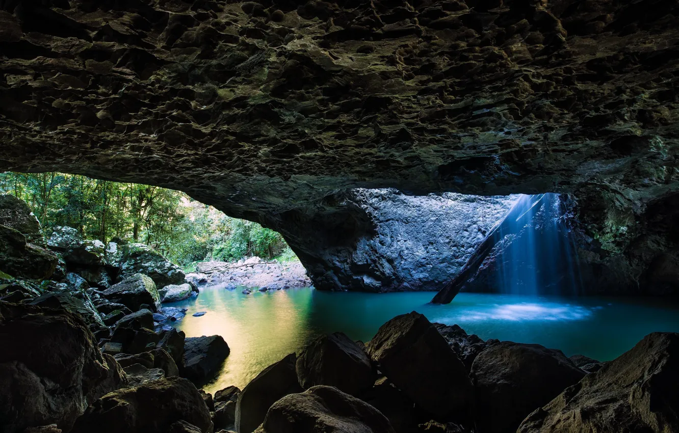 Фото обои rock, trees, nature, water, lake, Cave, natural light