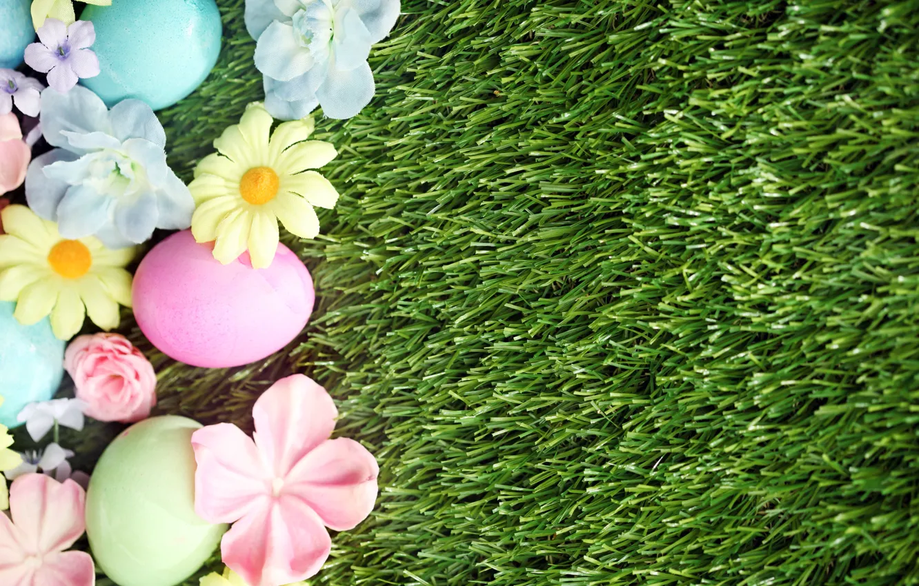 Фото обои трава, цветы, Пасха, flowers, spring, Easter, eggs, decoration