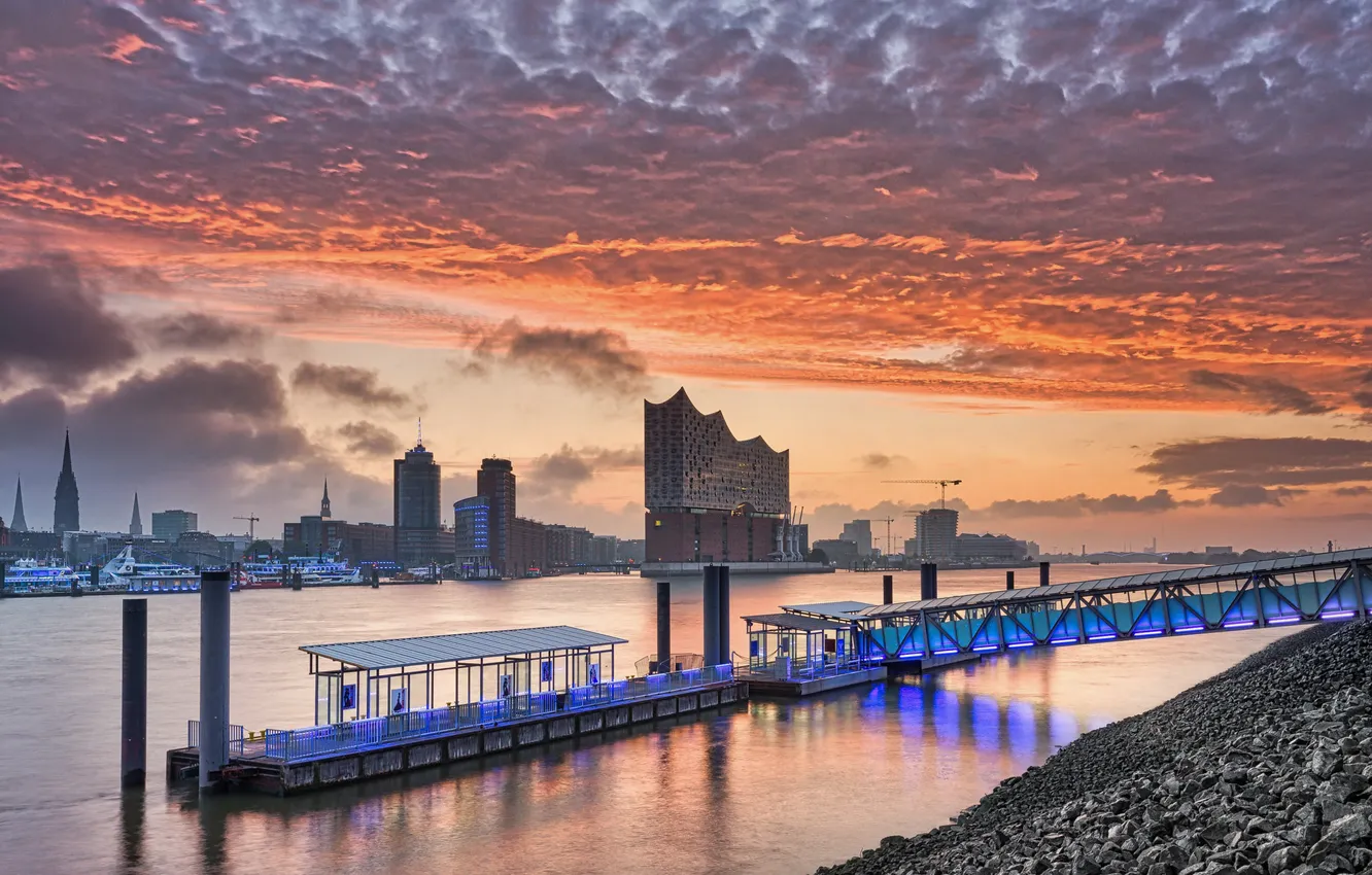 Фото обои закат, город, река