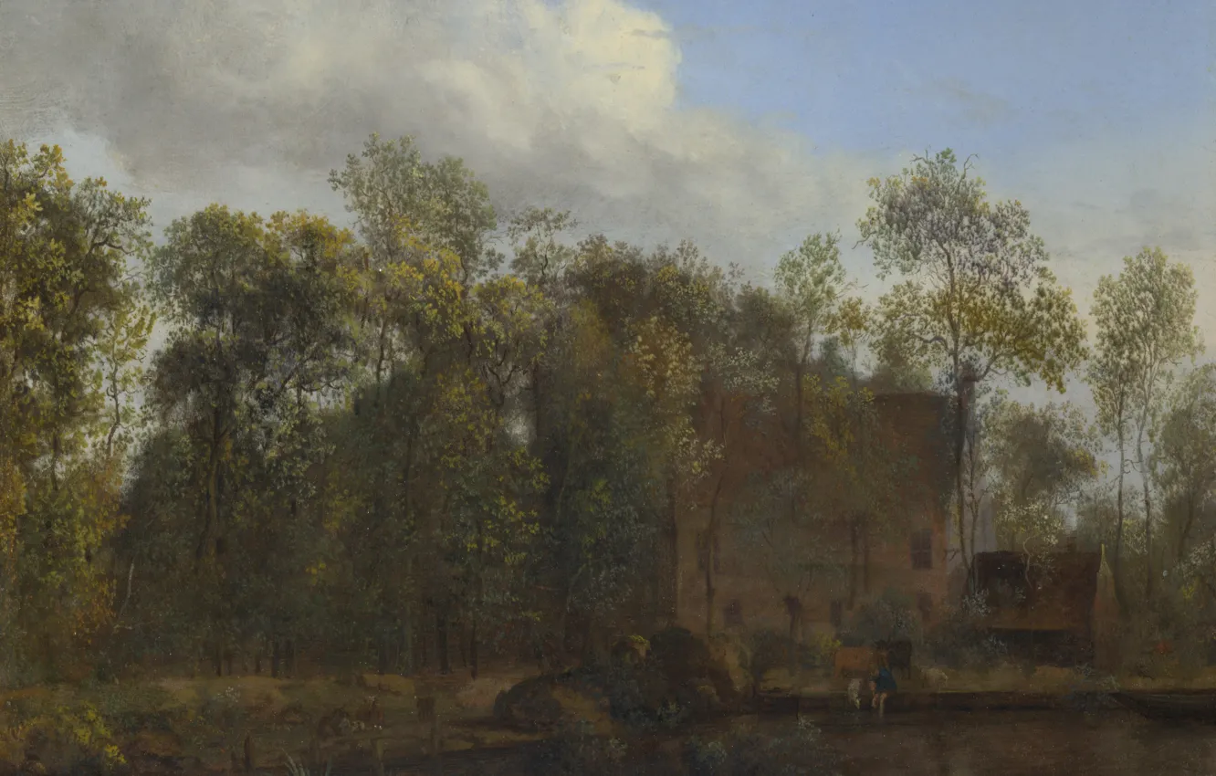 Фото обои пейзаж, природа, картина, Jan van der Heyden, Ян ван дер Хейден, Ферма среди Деревьев