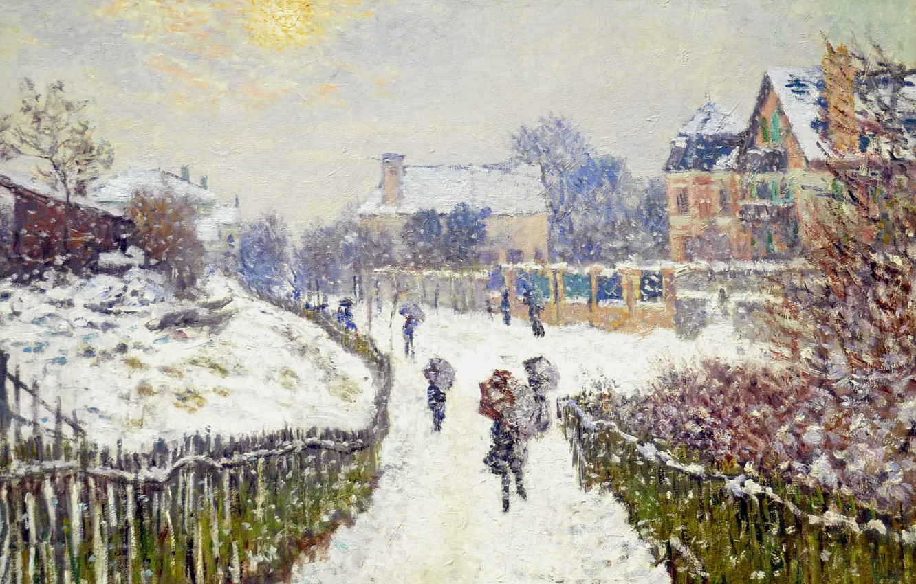Фото обои снег, картина, городской пейзаж, Клод Моне, Бульвар Сен-Дени. Аржантёй. Зима