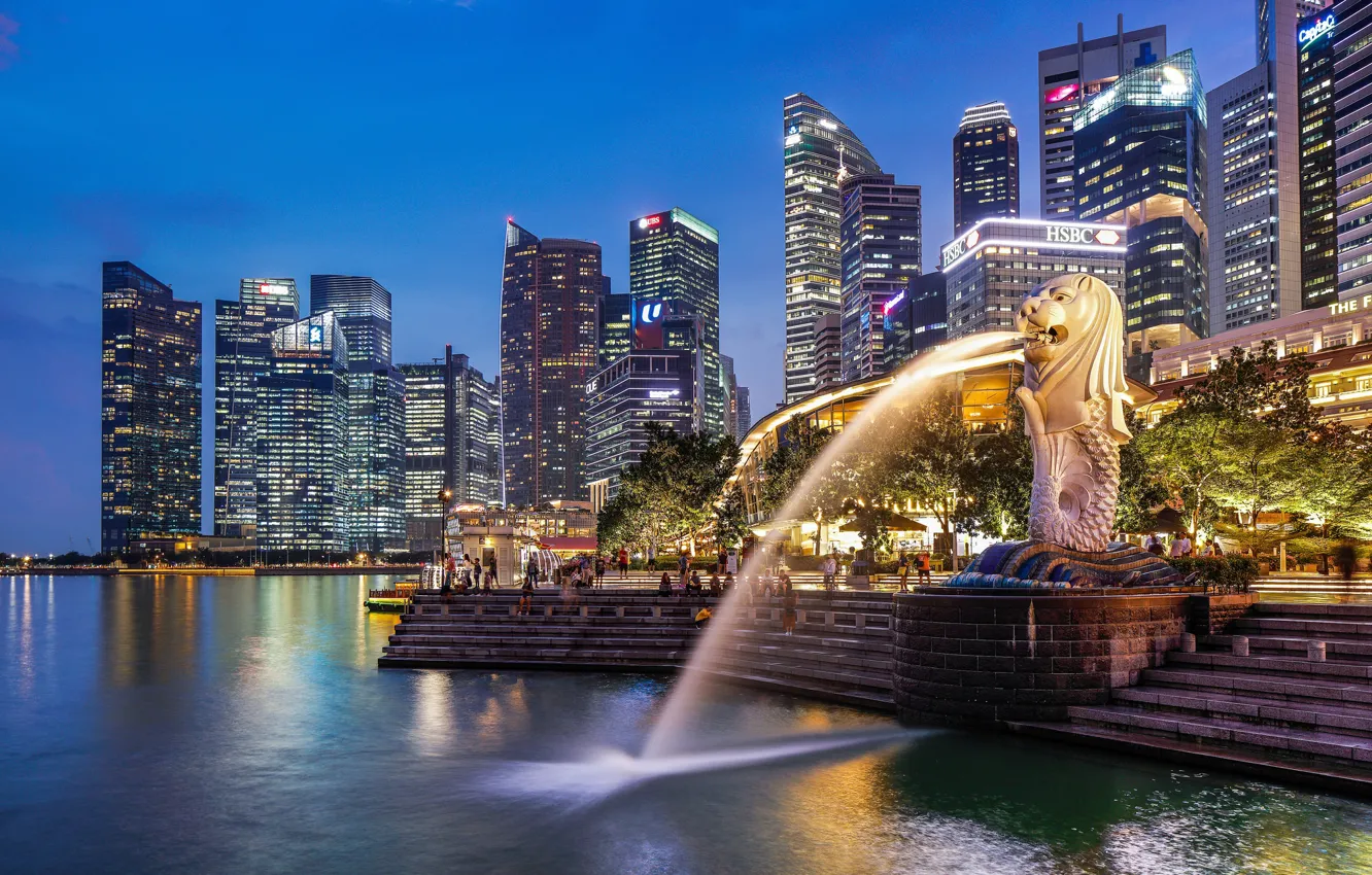 Фото обои город, Сингапур, фонтан, SINGAPORE, MERLION PARK