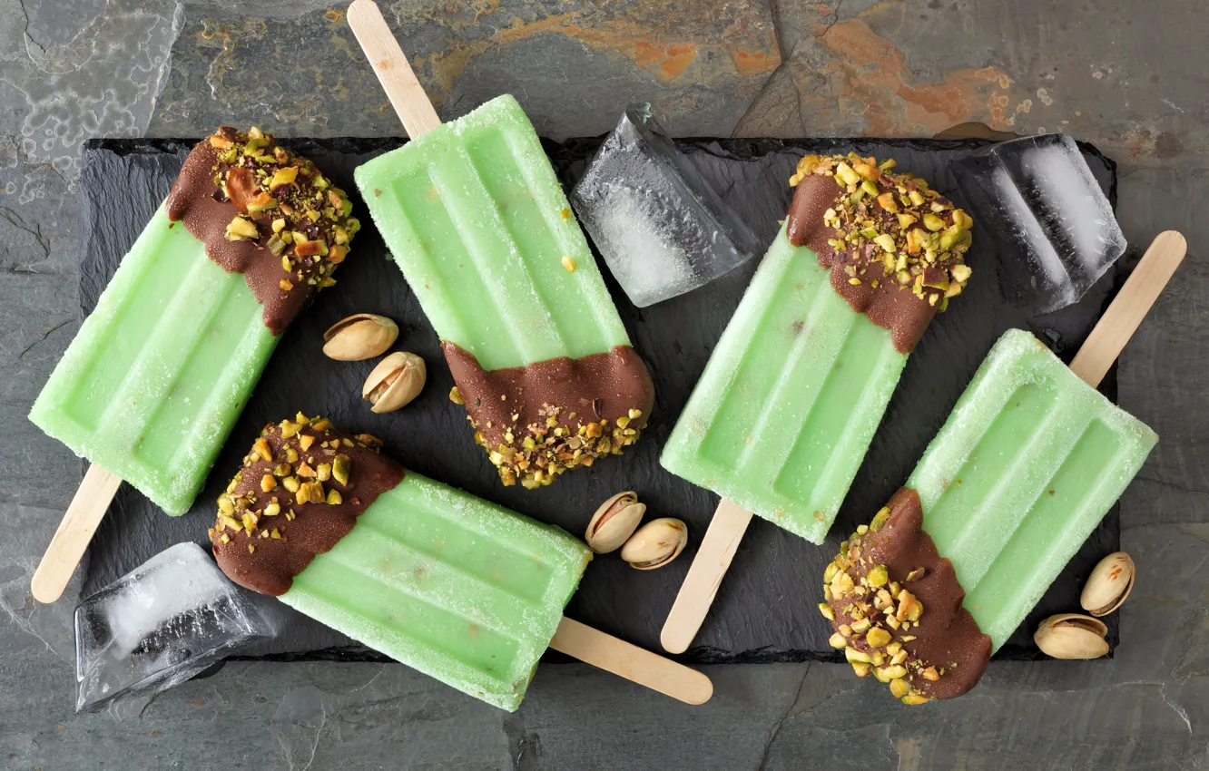 Фото обои шоколад, десерт, chocolate, ice cream, кубики льда, nut, pistachio, фисташковое мороженое