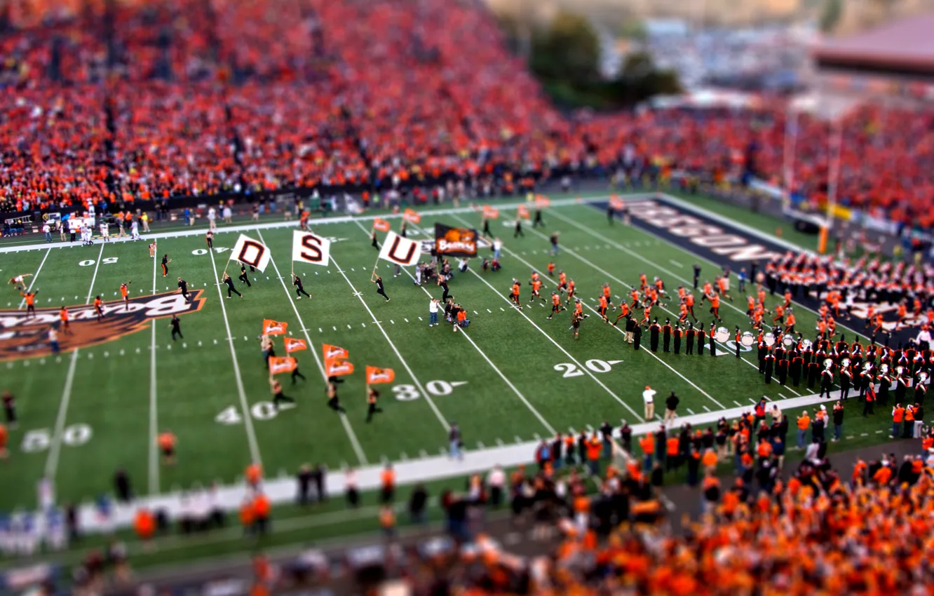 Фото обои оранжевый, люди, цвет, американский футбол, tilt-shift