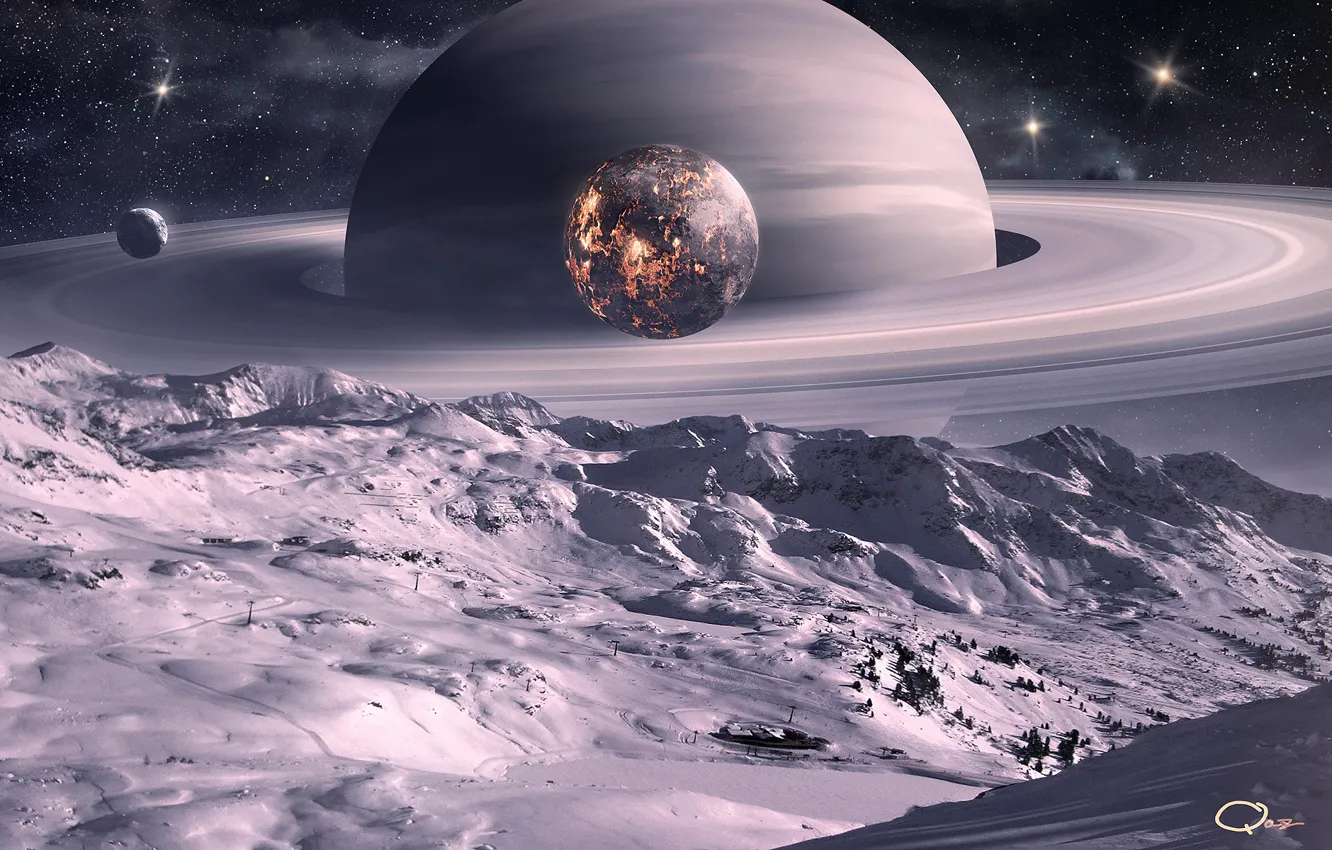 Фото обои космос, поверхность, снег, деревья, ландшафт, луна, планеты, спутник