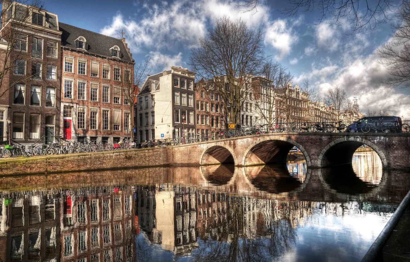 Фото обои мост, отражение, река, дома, Амстердам, Amsterdam