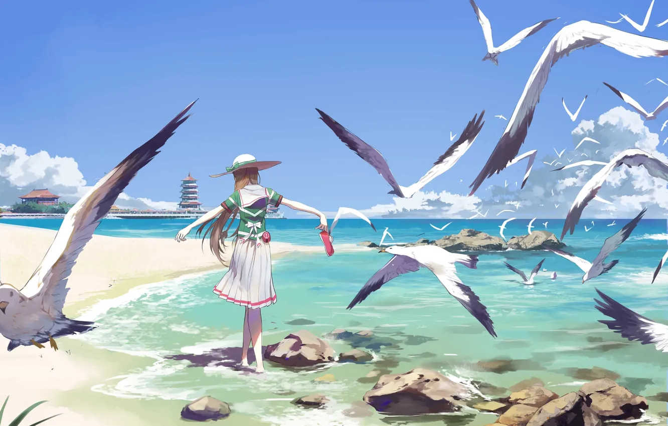 Фото обои песок, небо, девушка, облака, камни, океан, берег, чайки