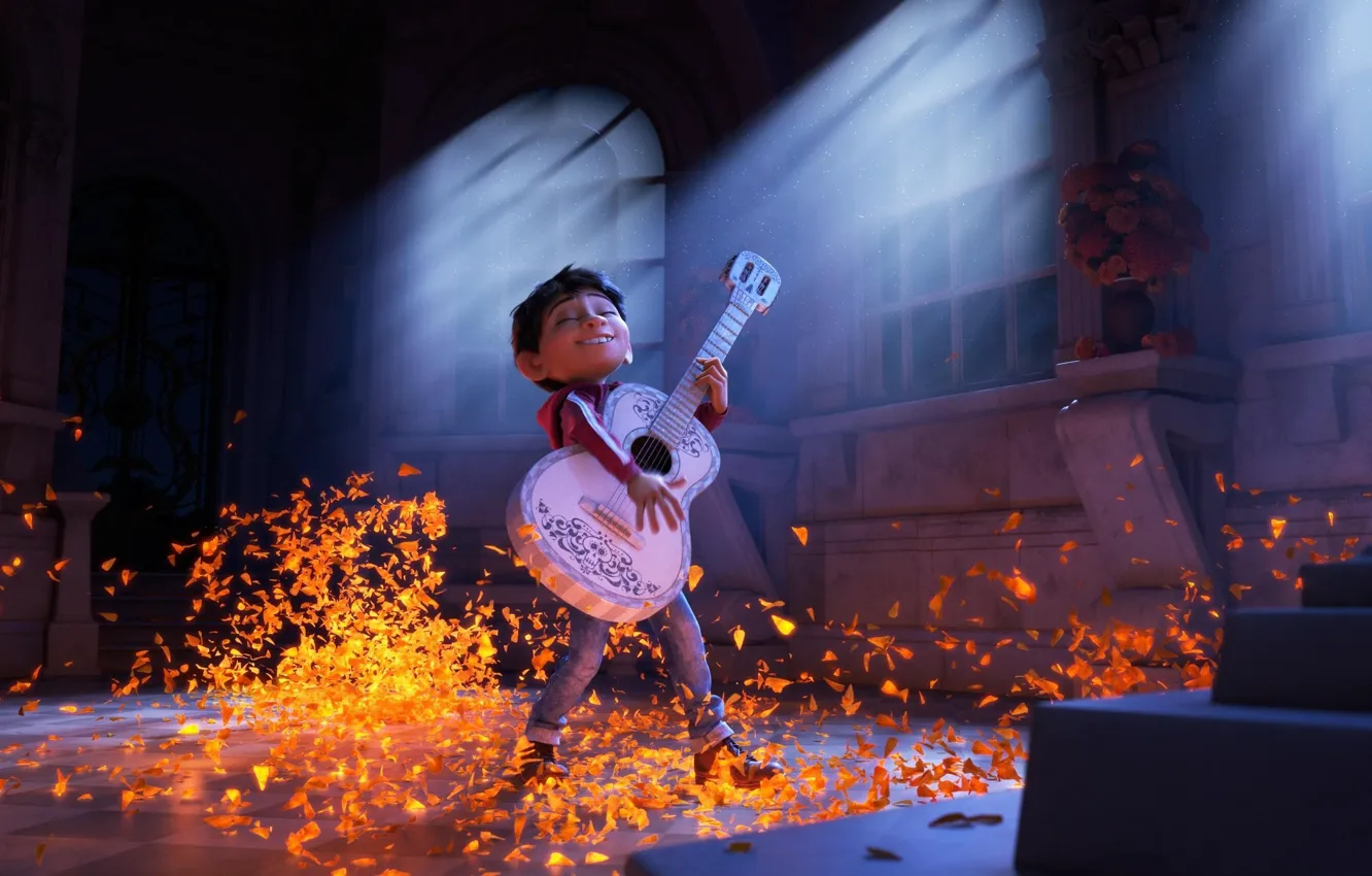 Фото обои cinema, guitar, Pixar, flower, boy, movie, Coco, film