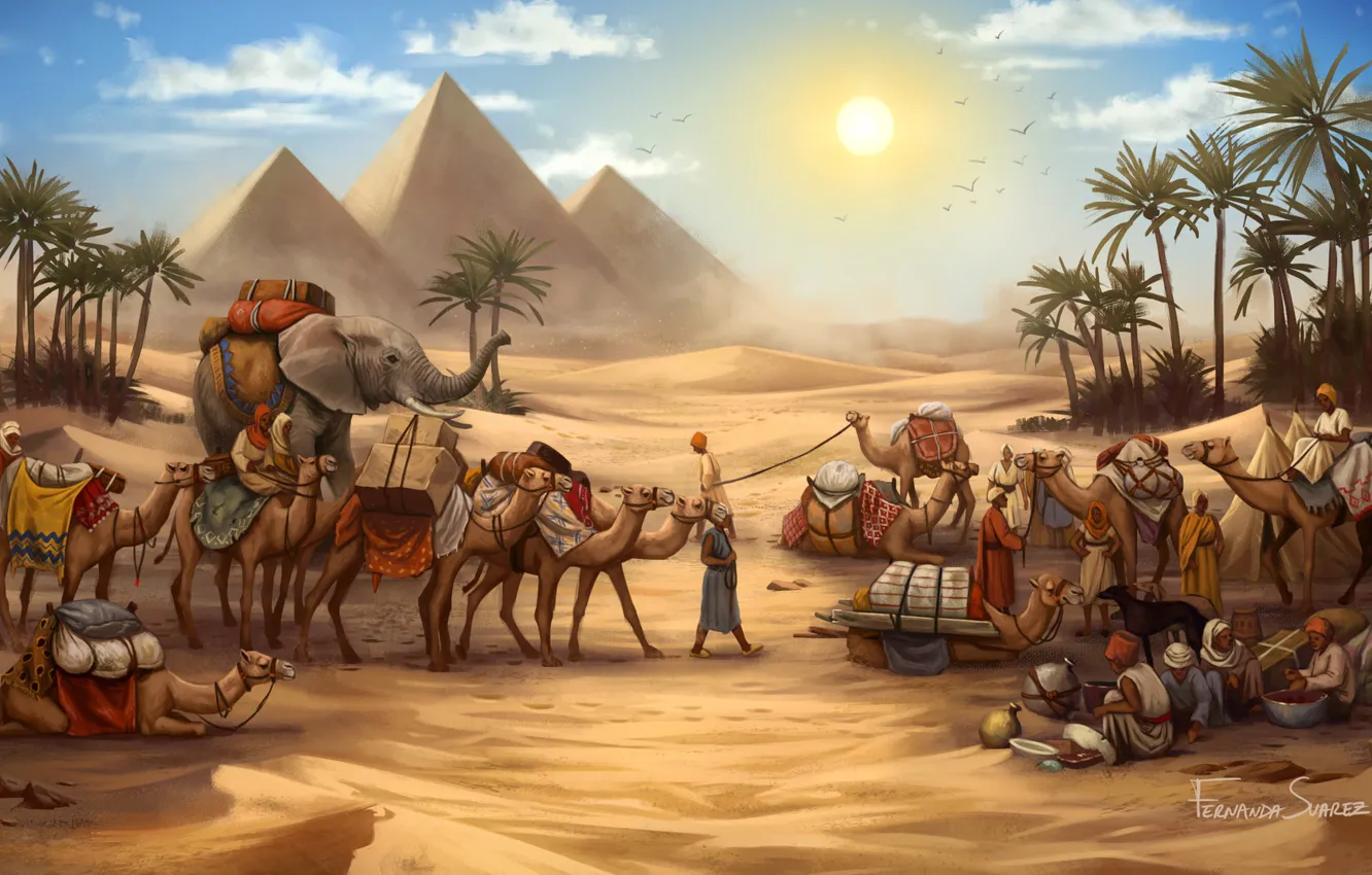 Фото обои Рисунок, Игра, Караван, Пирамиды, Египет, Слон, Art, Game