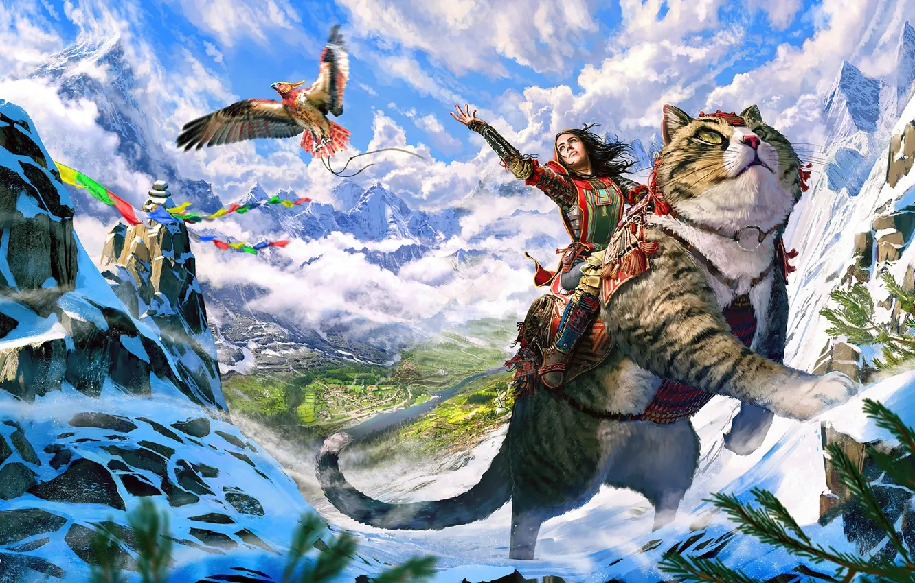 Фото обои кошка, горы, птица, женщина, Journey's Start